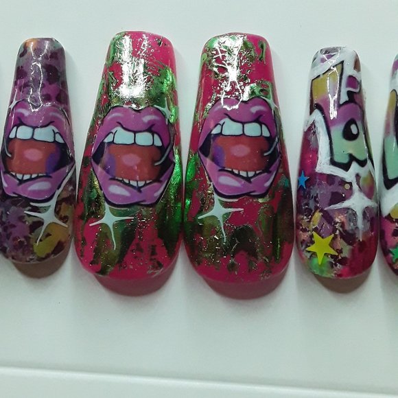 Handmade XL Coffin Press On Nails "Baddie" Theme - Picture 3 of 5